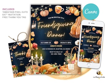 Editable Friendsgiving Party invitation template, Thanksgiving Dinner invite, Thanksgiving Potluck Holiday party Canva template TGT2