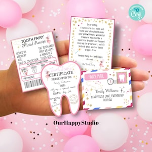 May include: Pink and gold tooth fairy certificate with a tooth shape, a pink and gold tooth fairy receipt, a pink and gold tooth fairy mail envelope, and a pink and gold letter with the text "Dear Emily. I fluttered in last night and found your shiny tooth under your pillow! What a wonderful treasure! You must be a superstar brusher and flosser! Keep up the great work, and I'll be back when another tooth wiggles free! Sending fairy dust and happy dreams. The Tooth Fairy"