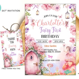 Bewerkbare eerste verjaardagsuitnodiging Fairy, Pink Magical Enchanted Fairy 1e verjaardagsuitnodiging, 2e, 3e uitnodigingssjabloon voor elke leeftijd FFB01