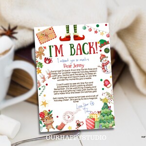 May include: A Christmas-themed printable card with an elf illustration and the text "I'm Back! I missed you so much." The card is decorated with red and green ornaments, candy canes, and a snowman. The text "Dear Jenny" is written in blue ink.