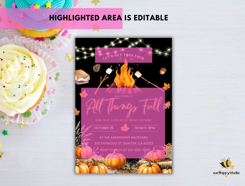 May include: A fall-themed invitation with a black background and a pink rectangular overlay. The invitation features illustrations of pumpkins, a campfire, and the text "All Things Fall". The text "Highlighted Area is Editable" is at the top.
