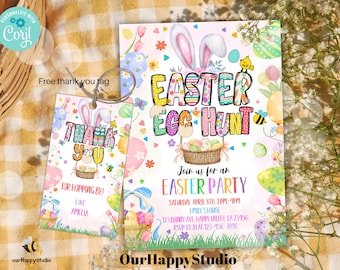 Puede incluir: Una invitación colorida a la búsqueda de huevos de Pascua con un conejito, huevos y flores. La invitación incluye el texto "Easter Egg Hunt" y "Join us for an Easter Party".