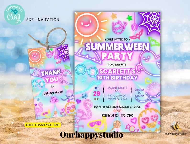 Może przedstawiać: Neonowe r&oacute;żowo-niebieskie zaproszenie na imprezę Summerween z okazji 10. urodzin Scarlett. Zaproszenie przedstawia ducha, dynię, słońce i pajęczynę. Tekst na zaproszeniu brzmi "You're invited to a Summerween Party to celebrate Scarlett's 10th Birthday". Zaproszenie zawiera r&oacute;wnież datę, godzinę i miejsce imprezy.