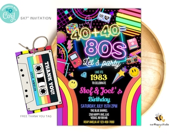 Editable 80s Birthday Party Invitation back to the 80s Couple Neon party glow dance disco 2000s birthday 90s instant download