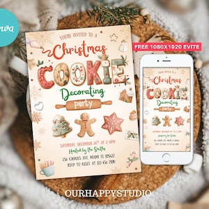 Plantilla editable de invitación para fiesta de decoración de galletas navideñas, invitación para fiesta navideña en Canva, plantilla para fiesta de galletas navideñas en Canva CDP1