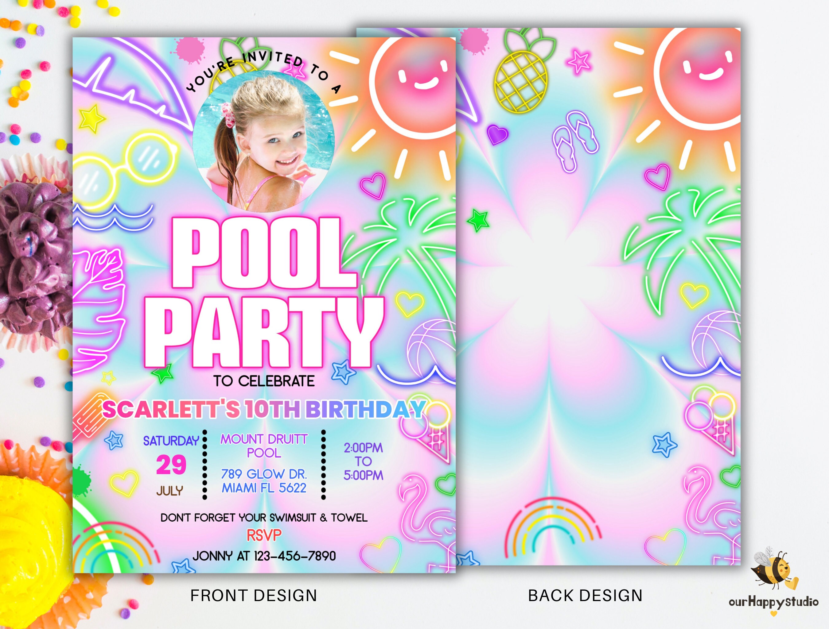 Photo Party Invitations Editable Photo Pool Party Invitation, Glow Neon Invite, Tropical Tie ...