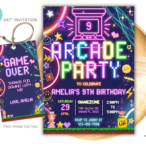 May include: A 5x7 inch invitation for an arcade party to celebrate Amelia's 9th birthday. The invitation features a neon-colored arcade game with the text "Arcade Party" and a pixelated princess character. The invitation includes the date, time, and location of the party.