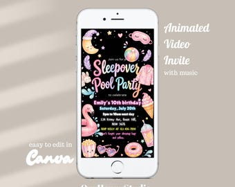 Animated Sleepover Party Invitation, Video invitation Slumber Birthday, Girls night party (Canva Electronic Mobile Invite ) SLP02 1080x1920