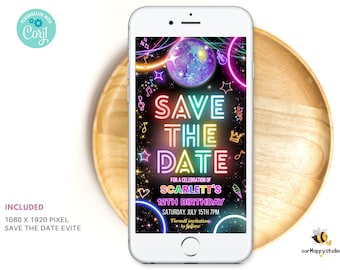 Editable Save The Date template, Disco party digital save the date download, Dance birthday Electronic save the date Instant download 01
