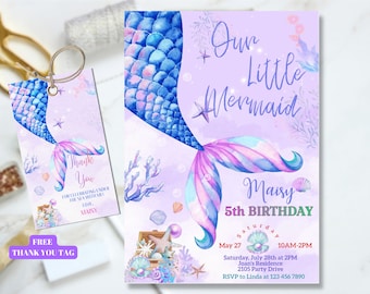 May include: Purple and blue mermaid tail invitation with a treasure chest and seashells. The invitation says "Our Little Mermaid Maisy 5th Birthday" and includes the date, time, and location of the party. A free thank you tag is included with a mermaid tail design and the text "Thank You for celebrating under the sea with me! Love, Maisy"