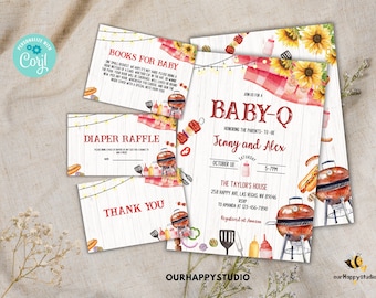 Bewerkbare BBQ-uitnodigingen babyshower, Baby-Q-pakket, Backyard BBQ-uitnodigingspakket babyshower, Babyshower-bundelset barbecue