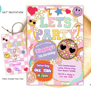 May include: A pink and white checkered background with a disco ball, rainbow, and peace sign. The text "Let's Party" is in rainbow colors. The text "Kingsley's 7th Birthday" is in purple. The text "Saturday Oct. 15th at 2pm" is in orange. The text "123 Celebration Lane, Party City, Fun State 12345" is in black. The text "RSVP to Kelly at 123-456-7890" is in black. A free thank you tag with a pink and white checkered background and the text "Thank You" in rainbow colors.