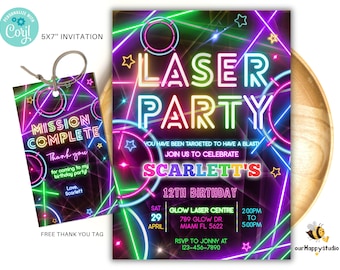 Téléchargement immédiat LT06 d'invitation de fête d'anniversaire modifiable par laser tag néon, invitation de fête d'anniversaire au néon