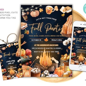 May include: A fall party invitation suite with a dark blue backdrop, pumpkins, a bonfire, and autumn leaves. The invitation reads "Fall Party" with event details. A matching thank you tag and a phone displaying the invitation are also included.