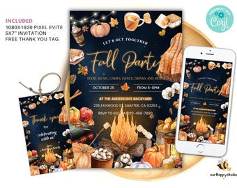 May include: A digital invitation and thank you tag set for a Fall Party featuring a dark blue background with illustrations of a campfire, pumpkins, s'mores, and autumn leaves. The text includes event details, date, time, and location information.