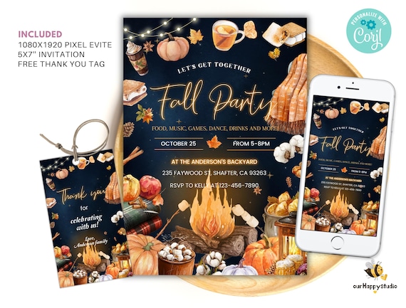 Editable Fall party invitation, Fall harvest party invitation, Fall event flyer, Fall festival invite, Bonfire invite campfire invite FP07