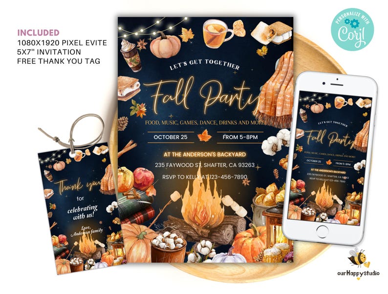 May include: A digital invitation and thank you tag set for a Fall Party featuring a dark blue background with illustrations of a campfire, pumpkins, s'mores, and autumn leaves. The text includes event details, date, time, and location information.