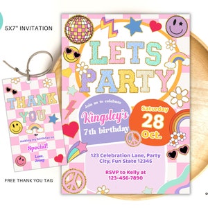 Invitación de cumpleaños con cara sonriente editable, cumpleaños retro genial, invitación con emoji, fiesta de adolescentes, plantilla de cumpleaños para preadolescentes PPB2