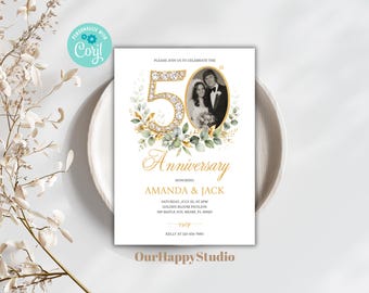 Editable 50th Anniversary Invitation, Eucalyptus Photo Template (5x7)