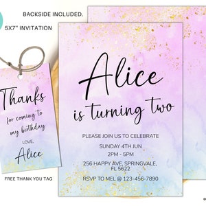 Birthday Invitation purple watercolor Gold Glitter Sprinkles Ombre Pastel Invitation Printable Editable Invite 1st 2nd 3rd birthday