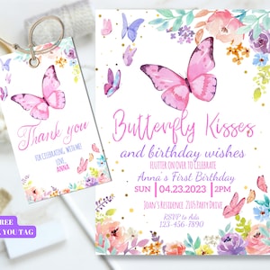 Convite de aniversário de borboleta editável, borboleta floral, jardim de borboletas, festa de borboletas para meninas, aniversário de borboleta rosa, primeiro aniversário