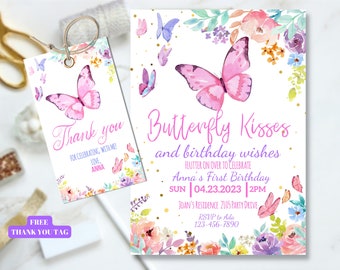 Invitación de cumpleaños de mariposa editable, mariposa floral, jardín de mariposas, fiesta de mariposas, cumpleaños de mariposa rosa, primer cumpleaños