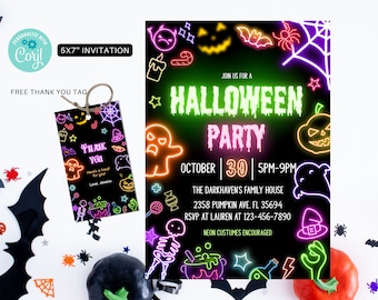 Editable Neon Halloween Party Invitation Template, Halloween Party Invite, Spooky Party glow Invite, adults kids Halloween invite HW05