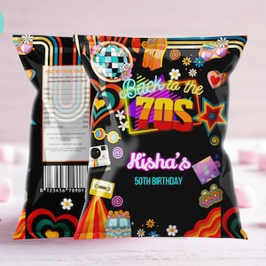 May include: A black chip bag with a retro 70s design. The bag features a rainbow stripe pattern, a disco ball, peace signs, and the text "Back to the 70s" in neon letters. The bag also has the text "Kisha's 50th Birthday" in a white font.