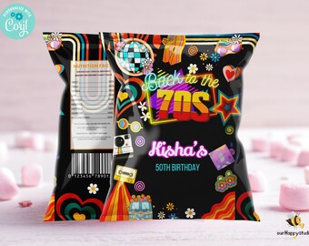 May include: A black chip bag with a retro 70s design. The bag features a rainbow stripe pattern, a disco ball, peace signs, and the text "Back to the 70s" in neon letters. The bag also has the text "Kisha's 50th Birthday" in a white font.