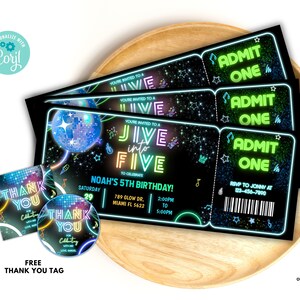 Editable Boy Jive Into Five Birthday Invitation ticket, Disco birthday Invites, Dance Party Template, Neon Party Invites 5th birthday BJF1