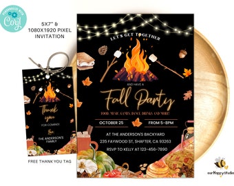 Editable Fall party invitation, Fall harvest party text invitation, Fall event flyer, Fall festival invite, Bonfire invite Evite FP02