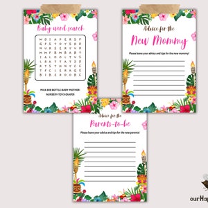 May include: Three printable baby shower game cards with a tropical theme. The first card is a word search puzzle with the words "baby", "mother", "nursery", "toys", and "diaper". The second card is a blank advice card for the new mommy. The third card is a blank advice card for the parents-to-be.