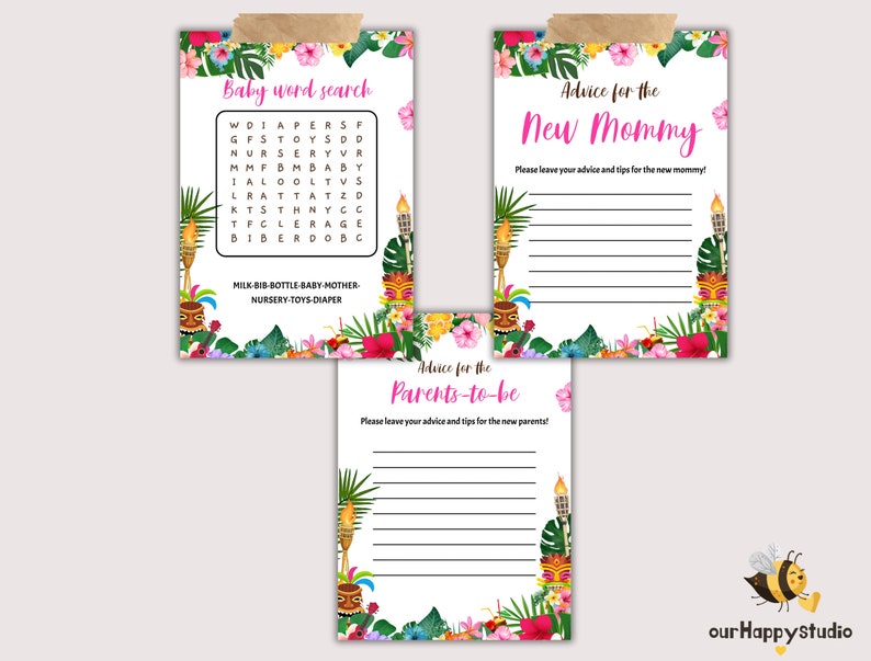 May include: Three printable baby shower game cards with a tropical theme. The first card is a word search puzzle with the words "baby", "mother", "nursery", "toys", and "diaper". The second card is a blank advice card for the new mommy. The third card is a blank advice card for the parents-to-be.