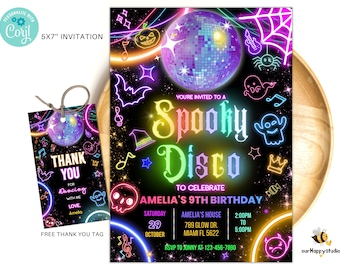 Editable Disco Party Birthday Invitation, Spooky Disco Gender Neutral Invites, Dance Party Template, Halloween disco glow party invite HD01