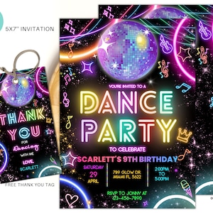 Editable Dance Party Birthday Invitation, Glow Gender Neutral Invites, Neon Dance Party Template, Glow Dance Party Invites Editable Neon D03