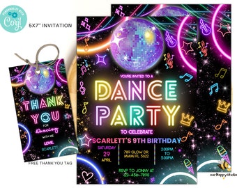 Editable Dance Party Birthday Invitation, Glow Gender Neutral Invites, Neon Dance Party Template, Glow Dance Party Invites Editable Neon D03