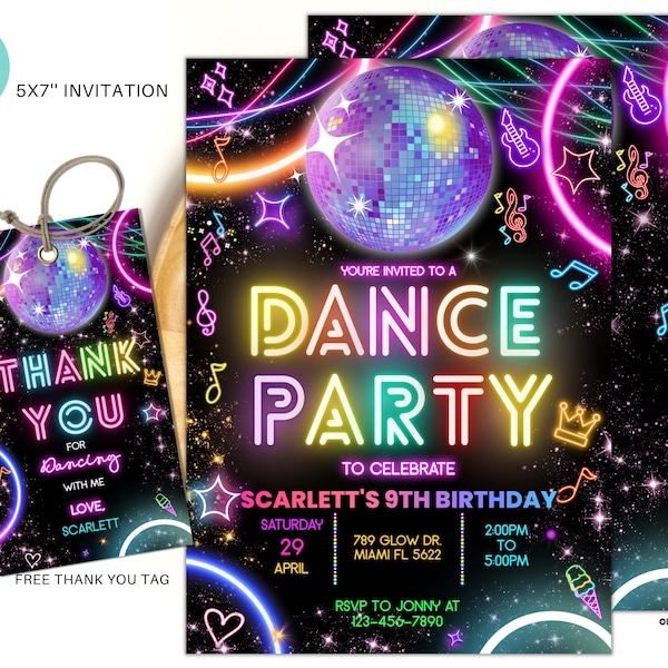 Editable Dance Party Birthday Invitation, Glow Gender Neutral Invites, Neon Dance Party Template, Glow Dance Party Invites Editable Neon D03