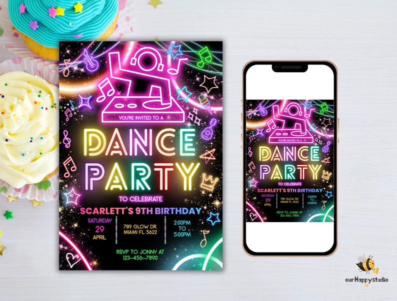 May include: Neon pink, blue, green, and yellow text on a black background reads "You're invited to a Dance Party to celebrate Scarlett's 9th Birthday". The invitation includes details for the party, including the date, time, and location. The background features a DJ with a turntable, music notes, and stars.