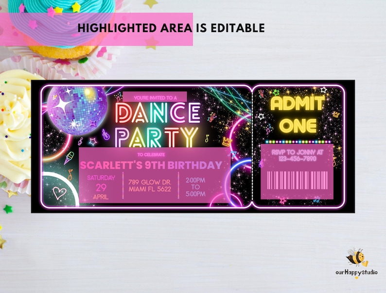 Simple Rave Style Ticket Invites Editable Dance Party Birthday Ticket Invitation, Neon Glow (digital ...