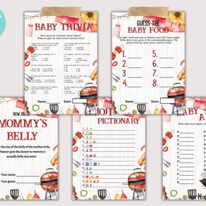 Op de afbeelding: Printbare babyshower-spelkaarten met een barbecue-thema. De kaarten hebben een aquarel achtergrond met afbeeldingen van hotdogs, hamburgers en grillgereedschap. De spellen omvatten "Baby Trivia", "Raad het babyvoedsel", "Hoe groot is mama's buik", "Baby ABC" en "Pictionary".