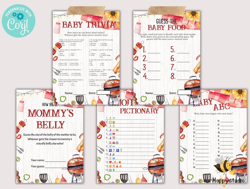 Op de afbeelding: Printbare babyshower-spelkaarten met een barbecue-thema. De kaarten hebben een aquarel achtergrond met afbeeldingen van hotdogs, hamburgers en grillgereedschap. De spellen omvatten "Baby Trivia", "Raad het babyvoedsel", "Hoe groot is mama's buik", "Baby ABC" en "Pictionary".