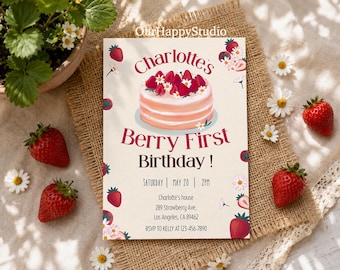 Cozy Strawberry First Birthday Invitation, Vintage Berry 1st Birthday Template, Handcrafted Watercolor Cake Invite, Sweet One Party template