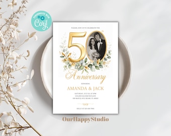 Editable Gold 50th Anniversary invitation template, Greenery, Eucalyptus Wedding Anniversary invitation with photo 5x7 (Digital download)