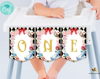 Editable Alice in wonderland Highchair banner, Alice in Onederland 1st birthday party decoration instant download A02
