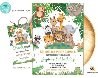 Bewerkbare safari verjaardagsuitnodiging, Jungle dieren uitnodigingen, Safari bedanktags, Jungle party instant download sjabloon