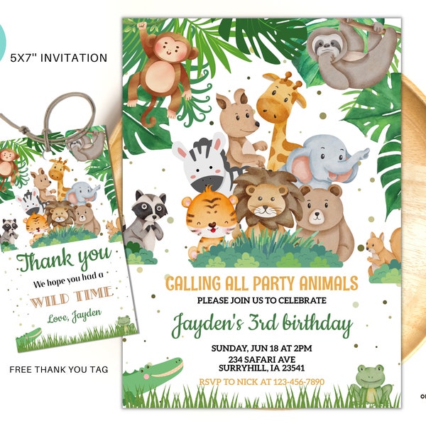 Editable safari birthday invitation, Jungle animals invitations, Safari thank you tags, Jungle party instant download template