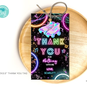 Editable Roller Skating thank you tag Glow Party Birthday favor, Glow Gender Neutral thank you tag, Glow Roller Skating Party thank you note