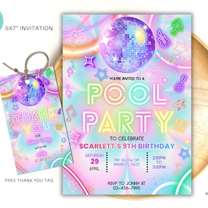 Editable Pool party invitation, Glow neon disco Swim invite, Tropical tie dye birthday pool party invitation swimming party instant download