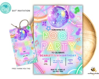 Neon Disco Pool Party Invitation, Tie Dye Swim, Editable (Digital Download)