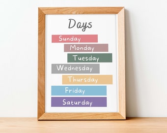 Educational days of the week Printable Poster, Learning Home School, Preschool Poster, Homeschool Print, printable nursery décor, pre K